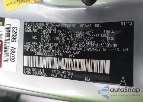 2013 Toyota Sienna Xle V6 8 Passenger z USA, uszkodzony, nr VIN 5TDYK3DC2DS334536